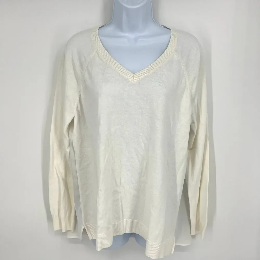 LOFT Outlet Size Large Petite Cream V-Neck Pullover Sheer Pleated Back